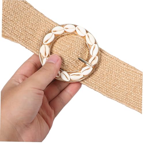 Women Elastic Wide Waist Belt with Natural Round Buckle and Shell Accents for Vacation Outfits for Dresses and Casual Wear3