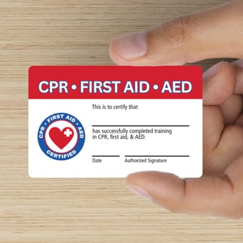 Image of CPR and First Aid AED Certification Cards | 5 pk 2.25x3.5 inch Plastic Wallet Sized Quick Reference Guide Fill Out Name Training Certificate