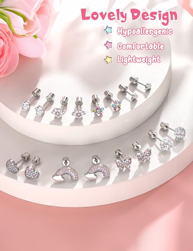 Jstyle 8 Pairs Hypoallergenic Surgical Stainless Steel Stud Earrings - Cute Screw Back Jewelry Set Gift for Girls Women Toddlers Kids Comfortable Fit 20G - Multicolored Pink4