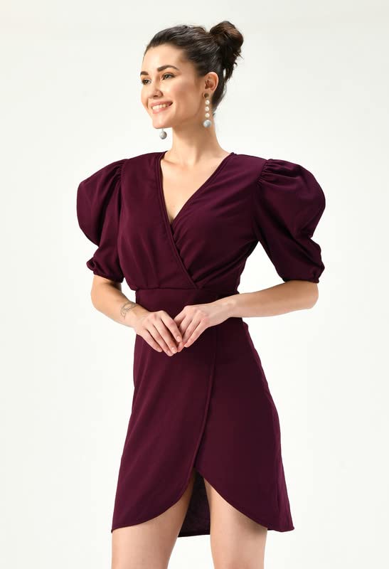 Image of Women's Puff Sleeve V-Neck Bodycon Casual Mini Dress