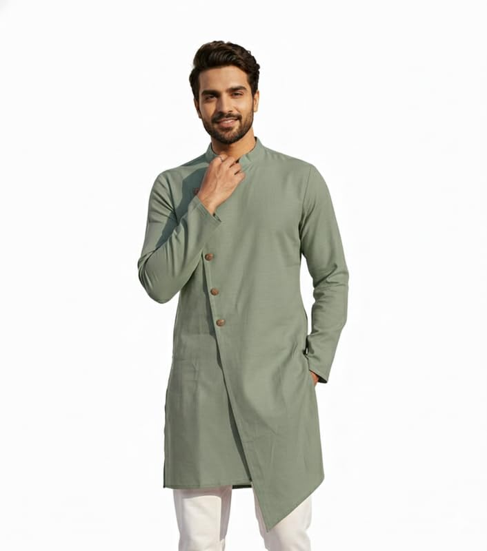 Image of OOMPH! Men's Ethnic Traditional Asymmetric Kurta Polycotton Regular Fit | High Neck Full Sleeves | Traditional Indian Festive Kurta | Stylish Casual and Wedding