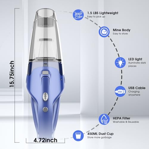 YOOHI Handheld Vacuum Cordless Rechargeable,Car Hand Held Vacuum Cleaner,1.5lbs Lightweight Dust Cordless Rechargeable with LED Light/Multi Accessories for Car and Home, Mine Portable Vacuum