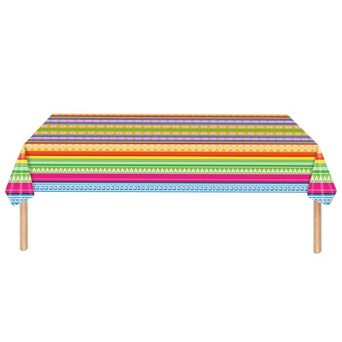 Image of 3-Piece 54 x 108 Inch Cinco De Mayo Fiesta Plastic Tablecloth - Mexican Taco Night Colorful Stripe Patterns, Disposable Rectangle Table Cover for Dining Picnic Table Cover Indoor Outdoor Decoration