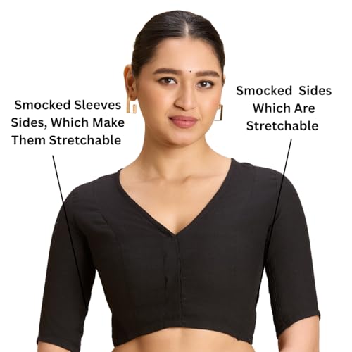 Image of Studio Shringaar Women's Thick Handloom Cotton Plain Side Stretch (Smocked) Readymade Saree Blouse