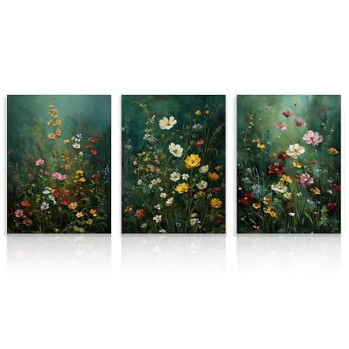 Dazzlewall Juego de 3 Piezas de Arte de Pared Floral Verde Oscuro Moody, Imágenes de Flores Silvestres de Academia Oscura para Decoración de Sala de Estar o Dormitorio, 12x16 Pulgadas Sin Enmarcar