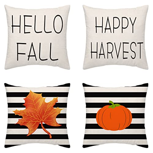 4 個秋収穫枕ケースストライプカボチャの葉感謝祭クッション入り江屋外パティオクッションカバー