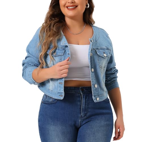 Agnes Orinda Plus Size Denim Jackets for Women Collarless Chest Pockets Button Down Crop Jean Jackets