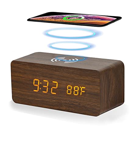 Togous Wooden Digital Alarm Clock With Wireless Charging, 3 Alarms Settings, Weekday/Weekend Mode, Sound Control, Led Wood Clock For Bedroom, Living Room, Desk, Bedside, Office (Brown) #TOP1