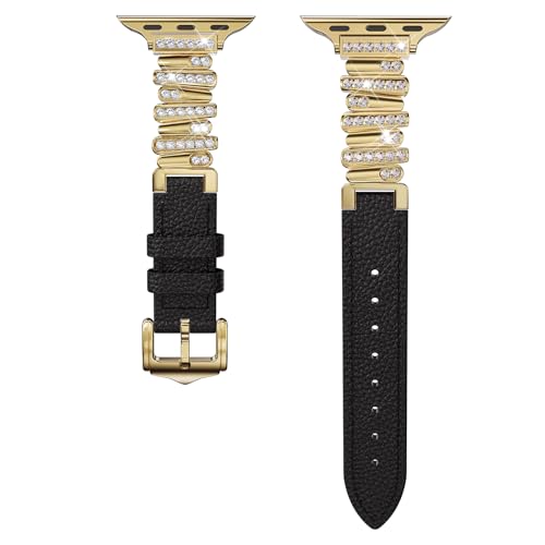 Leather Strap Compatible with Apple Watch Bands Luxurious Slim Fashion Strap Premium Stainless Steel Connectors Designed for Women iWatch Series 11/10/9/8/7/6/5/4/SE (38/40/41/42mm Black-Gold)