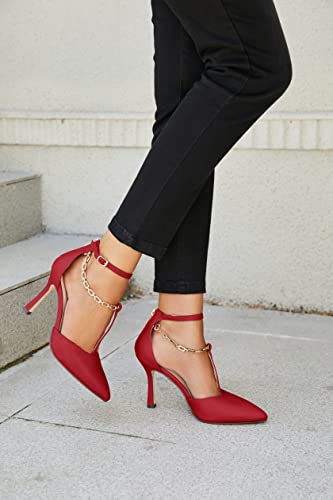 Piepiebuy Womens Ankle Strap Pumps Closed Pointed Toe T-Strap Chain Back Zipper Stiletto Heel Dress Shoes Red #TOP2