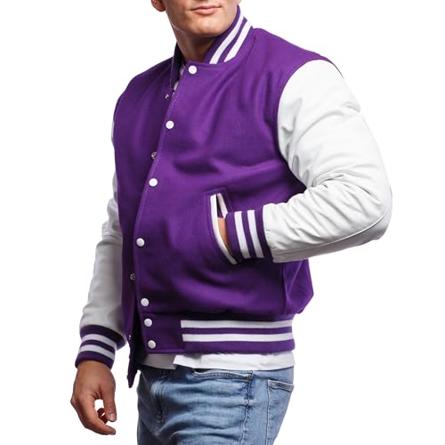 Image of Varsity Base Letterman Jacket (Purple Wool, White Leather, Small)