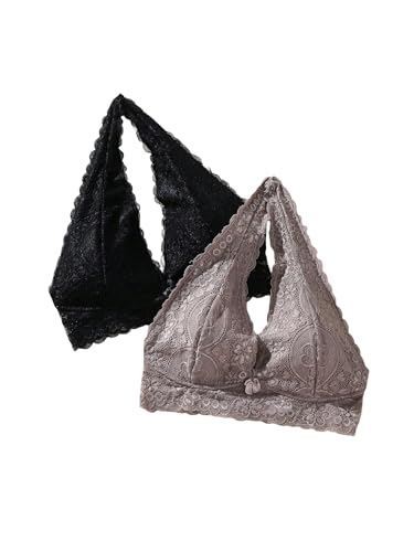 SOLY HUX Women's 2 Piece Halter Lace Bralette Bra Black and Grey Medium