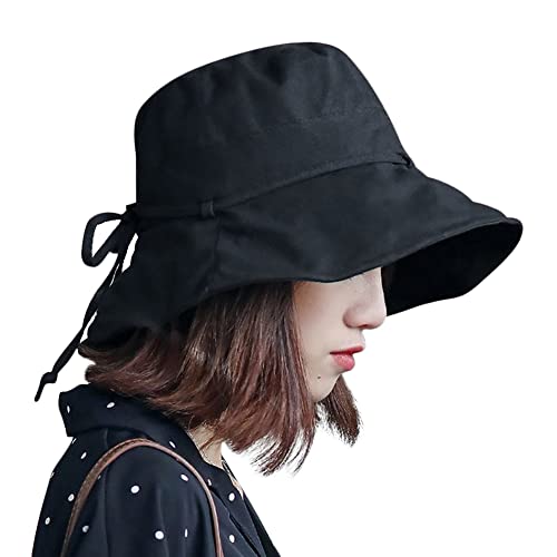 Women Cotton Bucket Sun Hat Summer Wide Brim Beach Hat Uv Protection Outdoor Hat Floppy Fishing Hat For Vacay Hiking Travel Black #TOP27