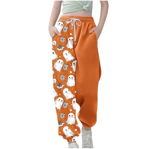 Teen Girls Halloween Sweatpants Cute Ghost Graphic Baggy Wide Leg Joggers Pants Elastic Waist Warm Long Trousers