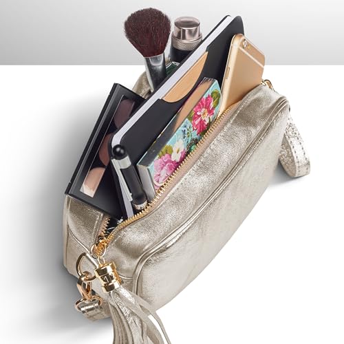 Image of Italian Genuine Metallic Suede Crossbody Bag for Women with Zipper | Small Leather Camera Purse Shoulder Handbag Pocketbook