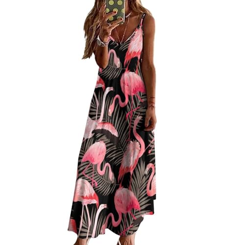 Flamingo Long Dresses Woman Ankle Length Slip Dress Long Dress Swing Beach Dress Frock Casual Flowy Suspender Skirt3