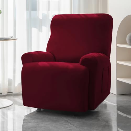 Image of HOKIPO 'SereneSolids' 140 GSM 4-Pieces Super Stretch Recliner Chair Cover 1 Seater Fully Covered Washable Furniture Protector, Burgundy (AR-4740-BRGN)