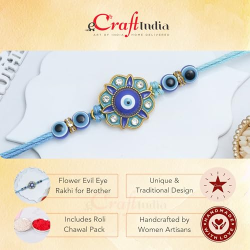 Image of eCraftIndia Flower Evil Eye Rakhi for Brother Bhaiya Bhai with Best Bro Ever Fridge Magnet | Roli Chawal Pack