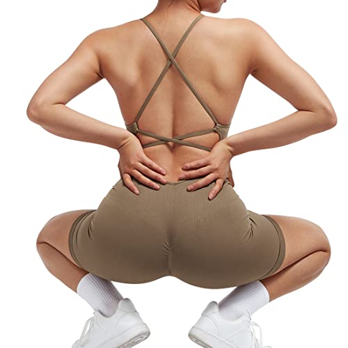 Suuksess Women Strappy Romper Workout Yoga Seamless One Piece Jumpsuit Tummy Control Padded Sports Bra (Dark Coffee, S) #TOP5