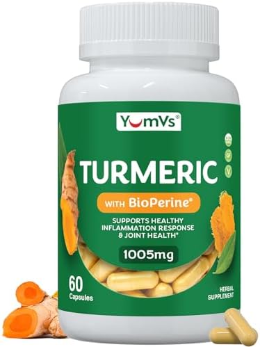YUM-Vs Turmeric Curcumin Supplement with Black Pepper – Made with 100mg Extract + 900mg Raw Organic Turmeric – Supplement for Joint Health & Mobility – Non-GMO, Gluten Free, Vegetarian (60 Capsules)