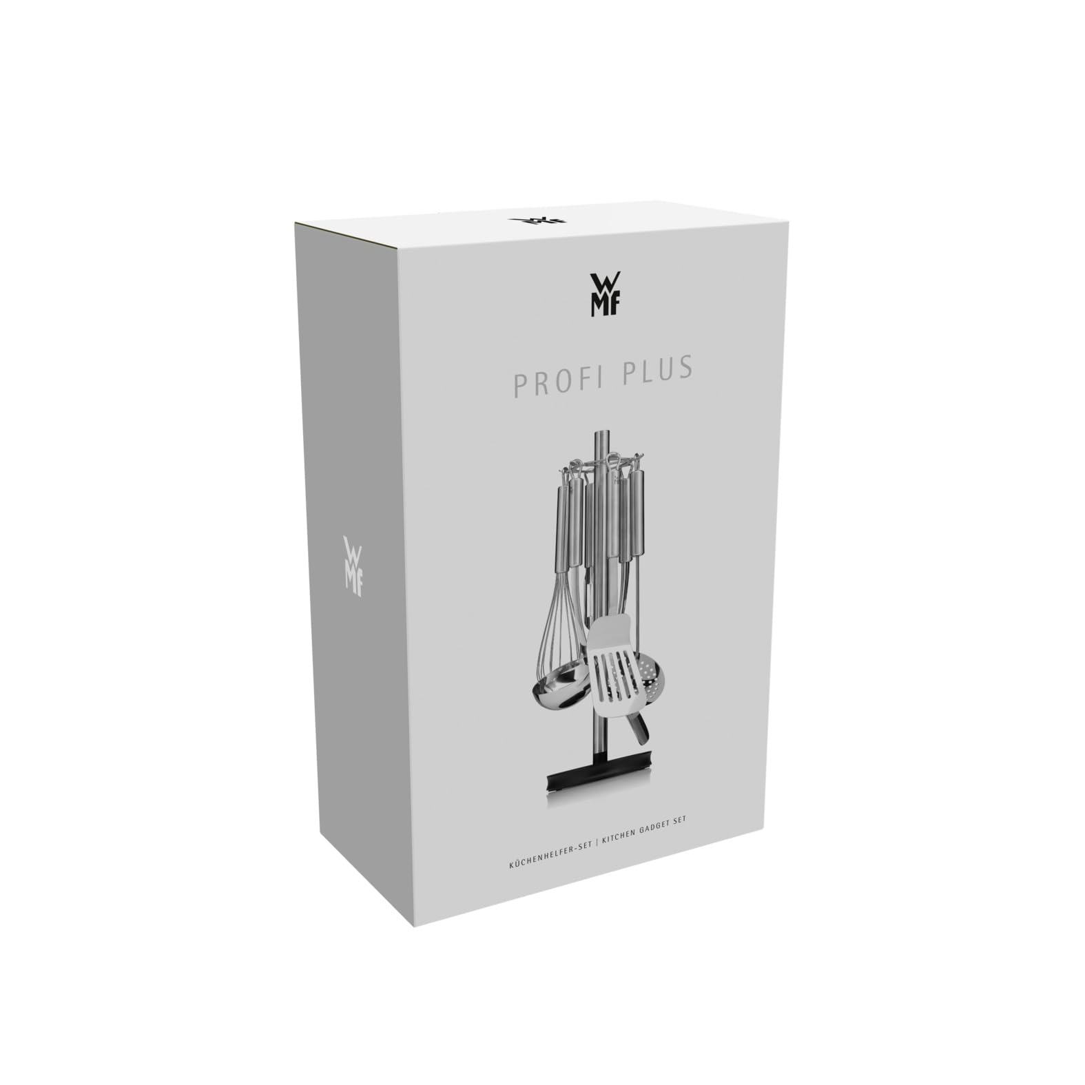 WMF Profi Plus Küchenhelfer Set Edelstahl 7-teilig, Küchenbesteck, Ständer mit 6 Helfern, Schöpflöffel, Schaumlöffel, Wokwender, Wender, Schneebesen, Gemüseschäler, Cromargan Edelstahl, spülmaschinengeeignet
