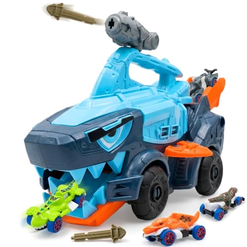 Image of WireScorts Big Hauler Mechanical Shark Truck Transporter Toy with Dart Launcher and 4 Mini Cars, Big Hauler Truck with Light & Sound for Boys & Girls 3+ Years