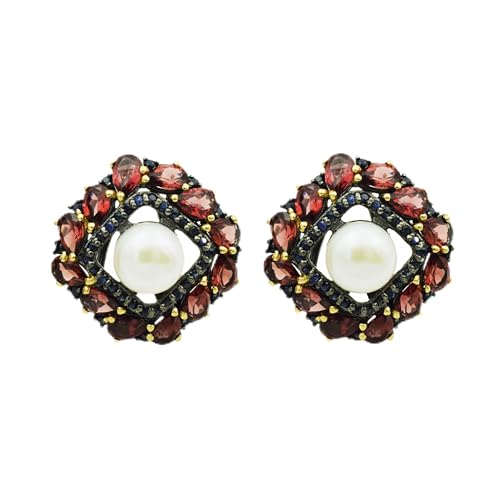 Boucles d'oreilles perle et saphir anti-ternissement en argent rhodié noir