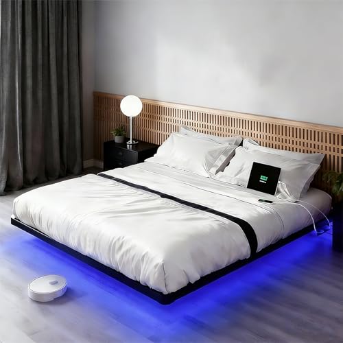 Consejos para Comprar Colchones y bases del mes. 50 Dniieo Base Cama King Size Floating Metal con Estación de Carga y Luces LED Ajustables, Fácil de Ensamblar, Marco de Cama de Hierro para Habitación, Dormitorio, Casas de Renta...