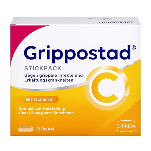 Grippostad C Stickpacks veganes Trinkgranulat zur schnellen Linderung von Reizhusten, Schnupfen, Kopf- und Gliederschmerzen und Fieber bei Erkältung und grippalen Infekten, 12 St