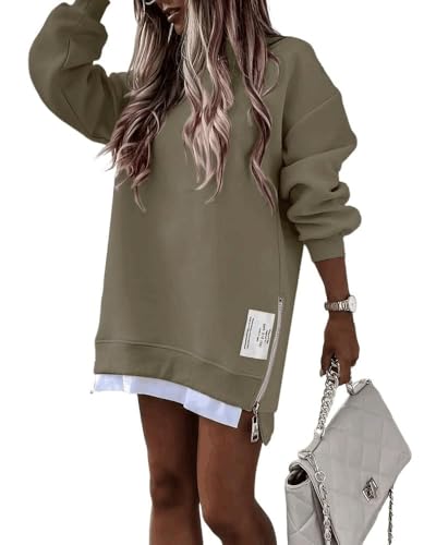CHICME Womens Zipper Slit Long Sleeve Sweatshirt Dress Casual Pullover Tops Fall Outfit Army Green-M