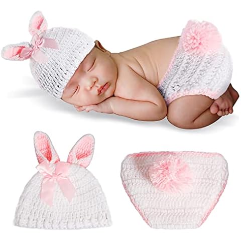 Newborn Rabbit Costume, MYCreator Baby Boy Girl Easter Bunny Photo Outfits Handmade Crochet Knitted Rabbit Hat Diaper Costume Photography Prop for 0-6 Months Babies, Ears Can Stand Up Cover