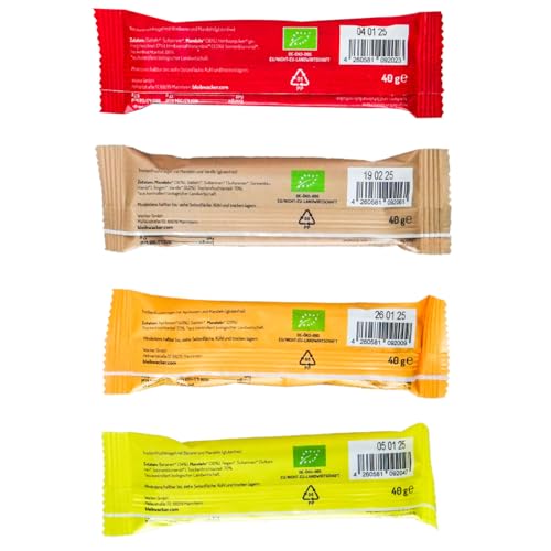 Naturbelassene Bio-Fruchtriegel 8 x 40g von bleibwacker. Gesunder Snack ohne Zuckerzusatz. Nur Frucht und Nuss. Vegan & glutenfrei. Probierpaket mit 2x4 Sorten.