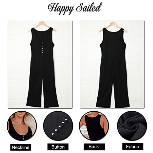 Happy Sailed Womens Casual Knit Tank Jumpsuits Front Button Long Pant Romper Loose Playsuits With Pockets Black Medium #TOP6