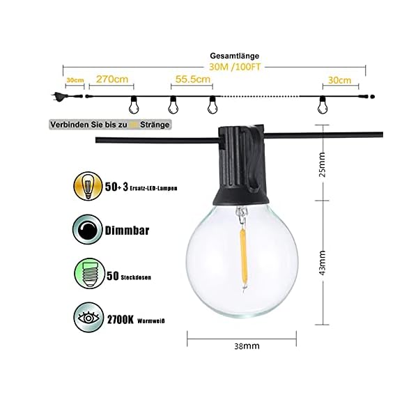 30M Lichterkette Außen LED Lichterkette Glühbirnen Aussen G40 53er Warmweiß IP44 Wasserdicht Glühbirnen Girland Lichterkette für Garten Terrasse Hochzeit Party Weihnachten – Bild 4