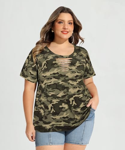Image of CARCOS Plus Size Tops for Women Short Sleeve Shirts Basic Tee Solid Color Blouse V Neck Tunic Loose Fit Tshirts Summer XL-5XL