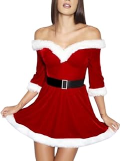 Women Christmas Costume Santa Cosplay Dress Plush Trim Patchwork Boat-Neck Off-Shoulder 3/4 Sleeve Dress Party Dress