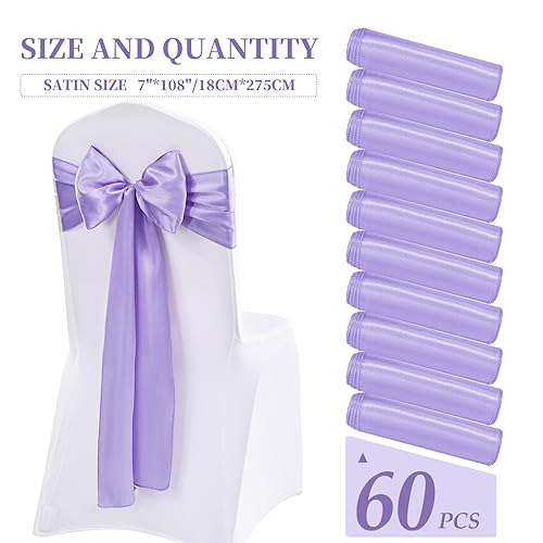 Lykoow 60 Pcs Satin Chair Sashes Lavender Satin Chair Sashes Chair Decorative for Wedding Reception Party Hotel Home Kitchen Decoration(Lavender)