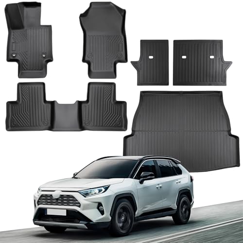 All Weather Floor Mats for Toyota RAV4 2025 2024-2019 (Include Hybrid), Custom Fit for Front 2nd Row Cargo Liner Trunk Mat Backreat Protector, Heavy Duty TPE Black Accessories for Rav 4 LE/XLE/Premium