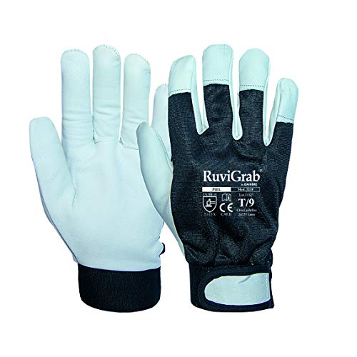 RuviGrab - Guante de trabajo piel flor vacuno | Dorso ventilado cierre velcro | Guantes para jardineria | Guantes para obra | Guantes cuero | Guantes hombre y mujer