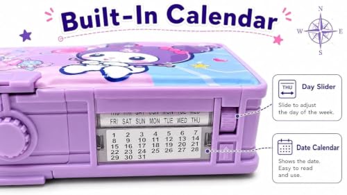 Image of Kawaii Password Lock Compass Box for Girls, Multifunction Pencil Box with Sharpener, Calendar, Timetable Card, Storage Drawer & Pen Holder, Cute Purple Stationery Case