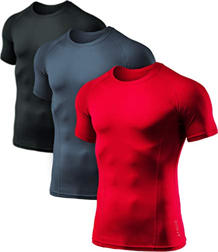 ATHLIO Men's Cool Dry Short Sleeve Compression Shirts, Sports Baselayer T-Shirts Tops, Athletic Workout Shirt, 3pack(bts02) - Black/Charcoal/Red, Large