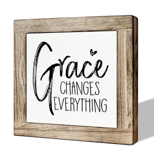 Christian Wood Sign, Inspirational Decor, Rustic Wooden Table Signs, Farmhouse Home Office Decoration for Shelf, Religious Artwork for Home Decor, Grace Changes Everything Sign