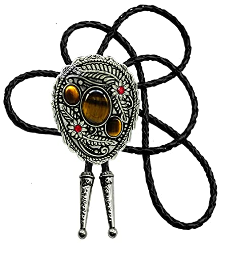 Image of Moranse Bolo Tie with Natural Tiger Eye Stone Celtic Style Genuine and Cowhide Rope