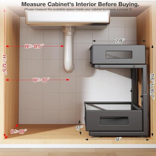 Image of 1 Pack 17IN Depth Under Sink Organizer, 2-Tier Pull Out Cabinet Organizer With Smooth Circular Rail, Large Capacity Metal Mesh Sliding Drawers For Bathroom& Kitchen Storage,Height Adjustable -Black