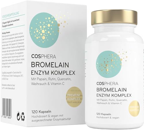 Bromelain hochdosiert 5000 FIP - 6-in-1 Ananas Enzym Komplex mit Papain Quercetin Weihrauch Rutin & Vitamin C - 120 Magensaftresistente Kapseln (2 Monate) - Vegan & Made in Germany von COSPHERA