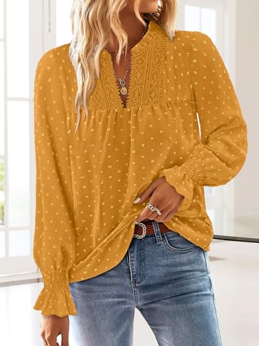 BETTE BOUTIK Women Boho Long Sleeve Shirts Dressy Casual V Neck Fall Fashion Tops Swiss Dot Flowy Blouses