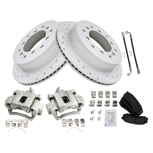 Image of TRQ Performance Rear Brake Pad and Rotor Set Semi Metallic Drilled Slotted Calipers Compatible with 2010-2021 Lexus GX460 2010-2020 Toyota 4Runner