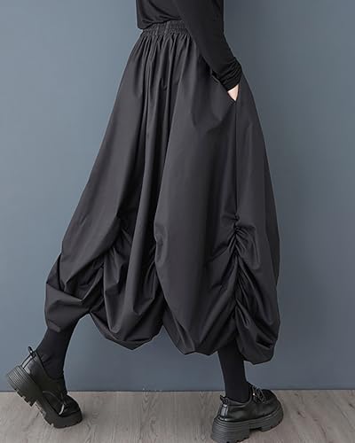 ellazhu Women's Pants Solid Elastic Waist Two Side Pockets Wide Leg Drop Crotch Casual GZ442 A2