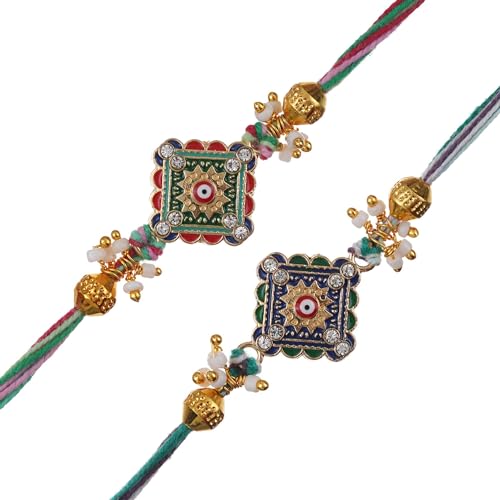 Image of eCraftIndia Set of 2 Beads Pearls Evil Eye Designer Rakhis for Brothers with Best Bro Ever Fridge Magnet and Roli Chawal Pack