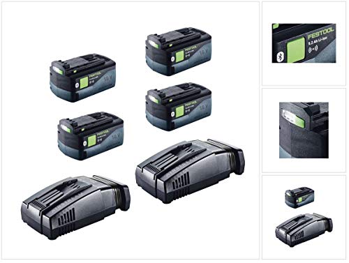 Festool Power Set 4X BP 18 V 5.2 Ah ASI Bluetooth Battery Pack Li-Ion Battery 202479 + 2X Festool SCA 8 Li-Ion Fast Charger with Airstream Technology (200178)